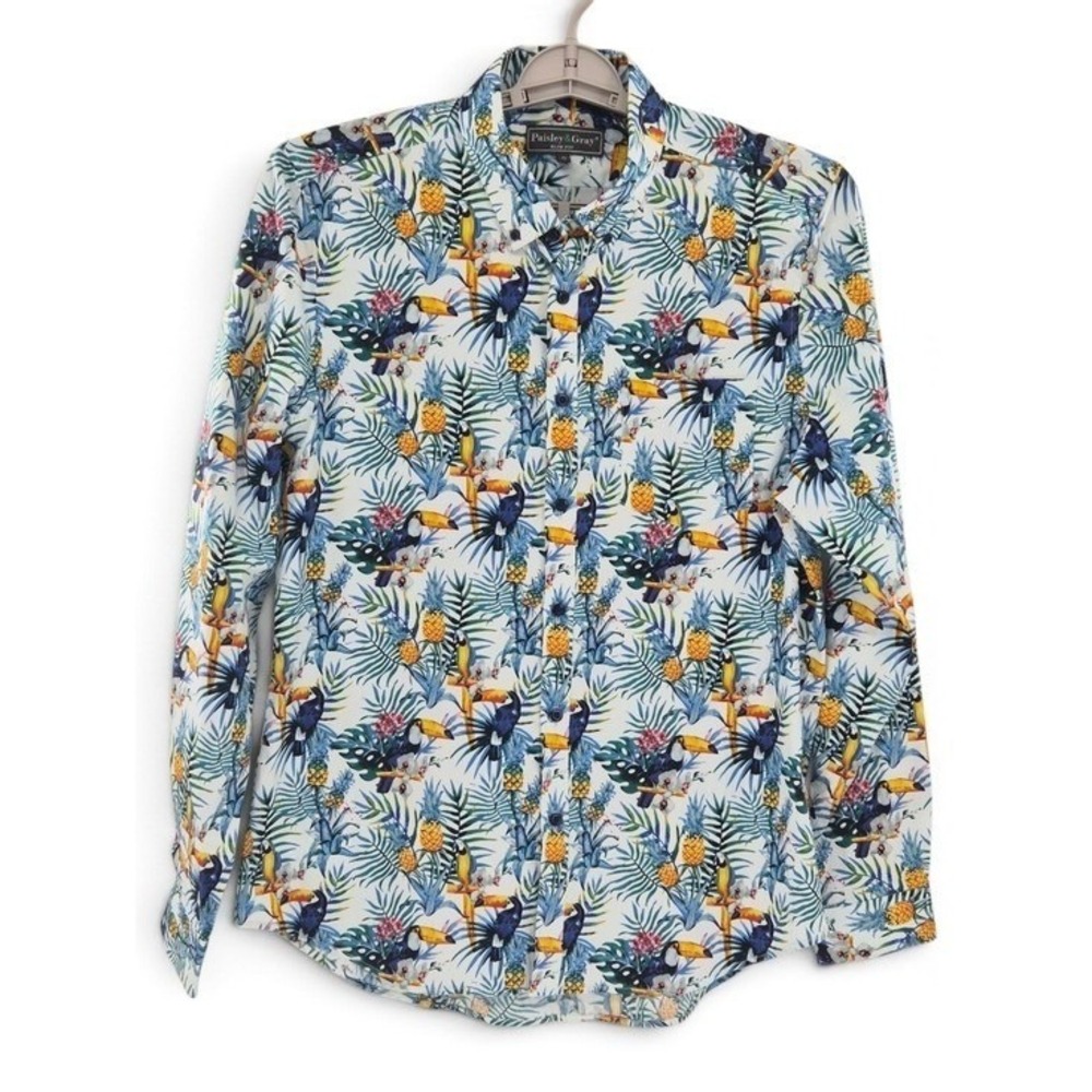 Paisley & Gray Button Down Shirt Mens Large White Tropical Toucan Pineapple Slim